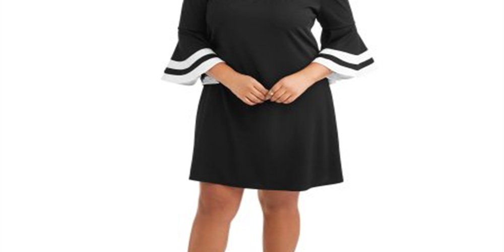 Vestido feminino plus size Love Squared com manga sino e acabamento, preto, tamanho 2X