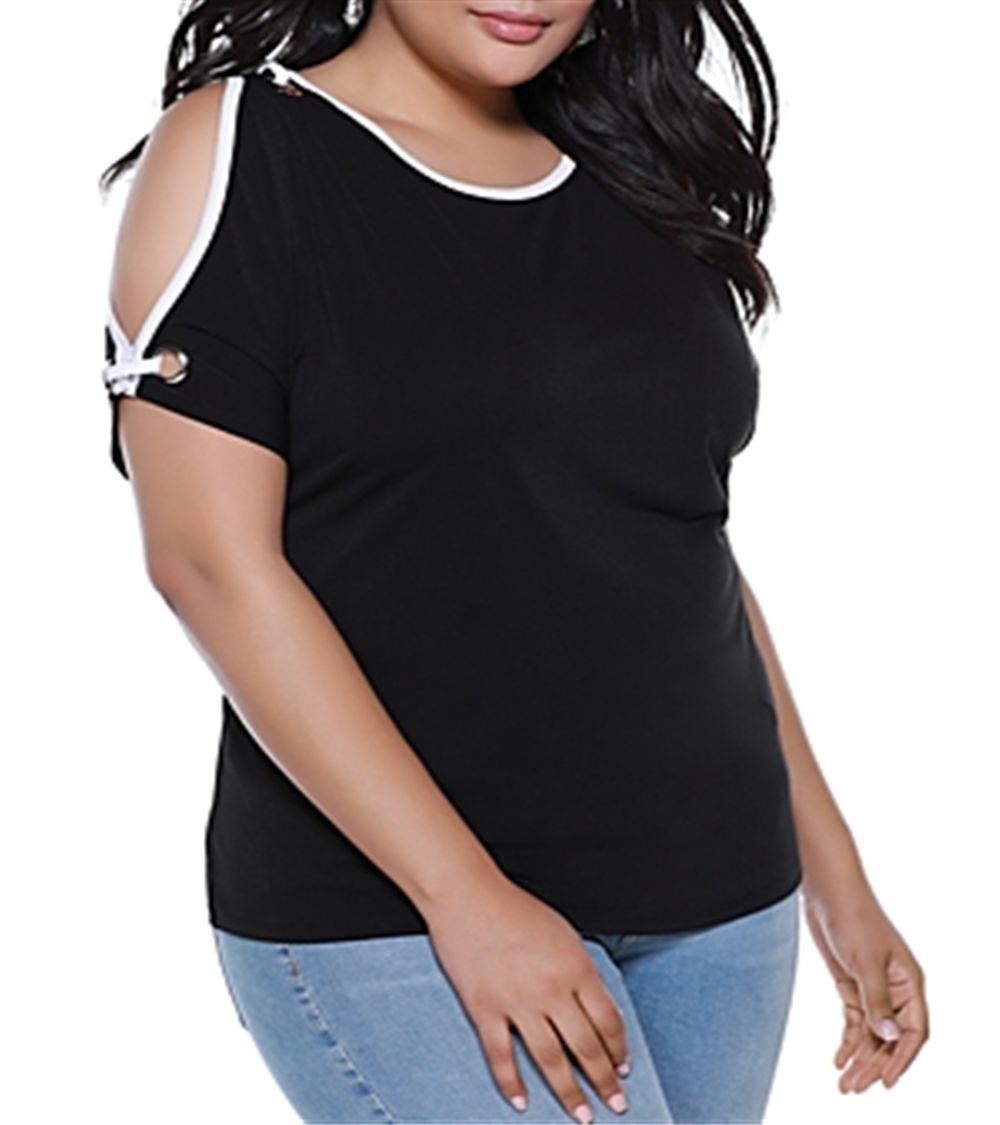 Blusa feminina Belldini com ombros descobertos e mangas longas, preta, tamanho 3X
