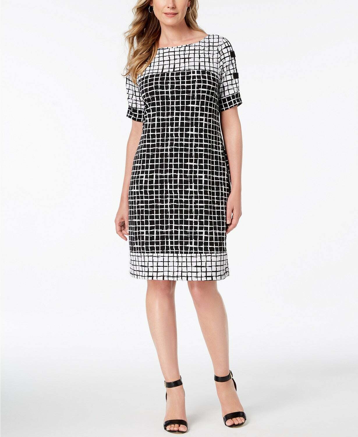Vestido feminino estampado com mangas divididas, tamanho pequeno, preto, JM Collection