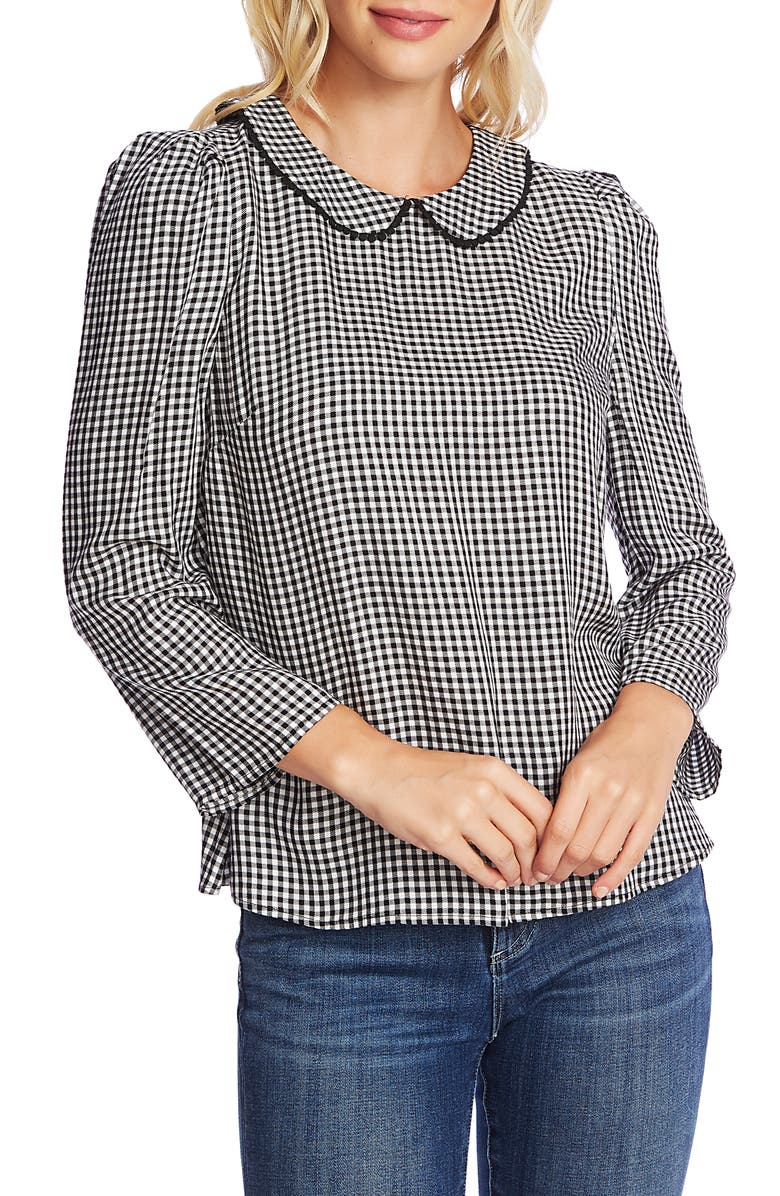 Blusa xadrez feminina CeCe com manga comprida e gola Peter Pan, preta, tamanho pequeno