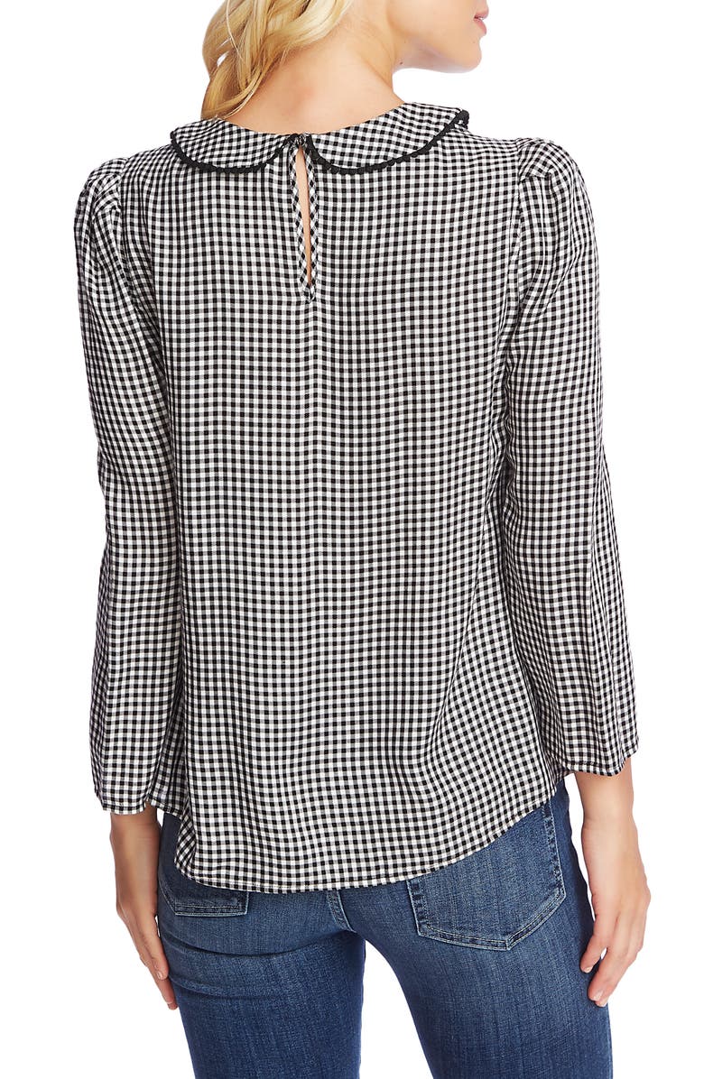 Blusa xadrez feminina CeCe com manga comprida e gola Peter Pan, preta, tamanho pequeno
