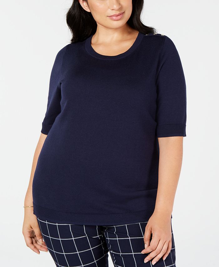 Suéter feminino Charter Club com acabamento canelado e mangas curtas, gola redonda, azul, tamanho 1X