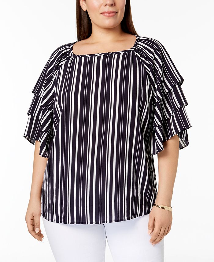 Blusa feminina listrada com mangas em camadas Charter Club, azul, tamanho 4X