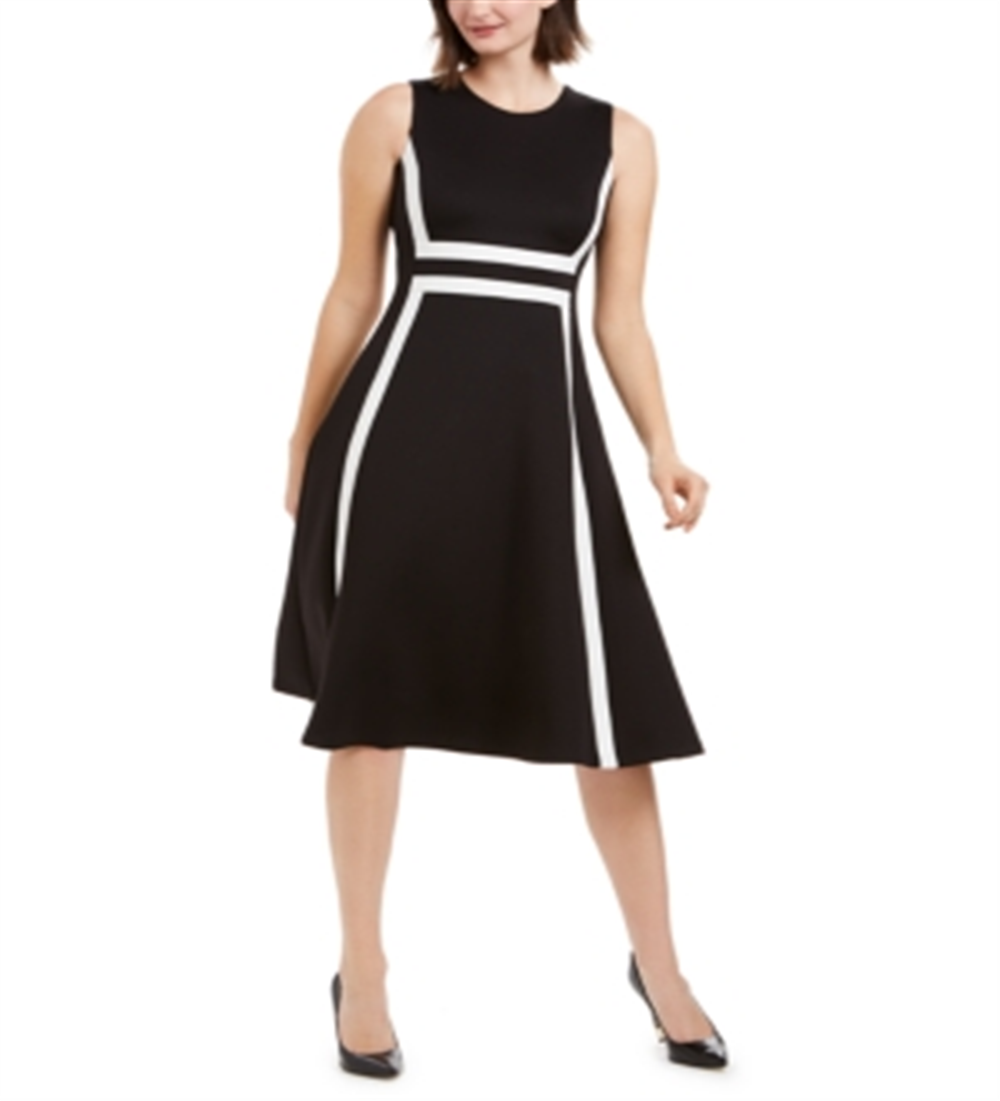 Vestido flare sem mangas Calvin Klein feminino, colorblock, preto, tamanho 2