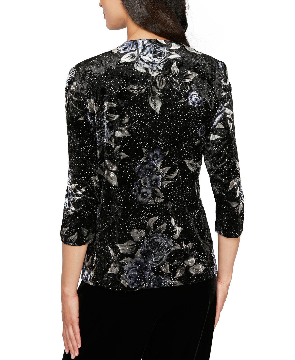 Alex Evenings Blusa de noite feminina texturizada, estampada, manga comprida, gola redonda, preta, tamanho pequeno, extragrande