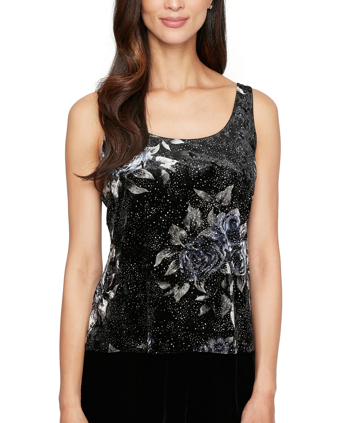 Alex Evenings Blusa de noite feminina texturizada, estampada, manga comprida, gola redonda, preta, tamanho pequeno, extragrande