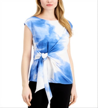 Blusa estampada com amarração lateral Alfani feminina, tamanho pequeno, azul