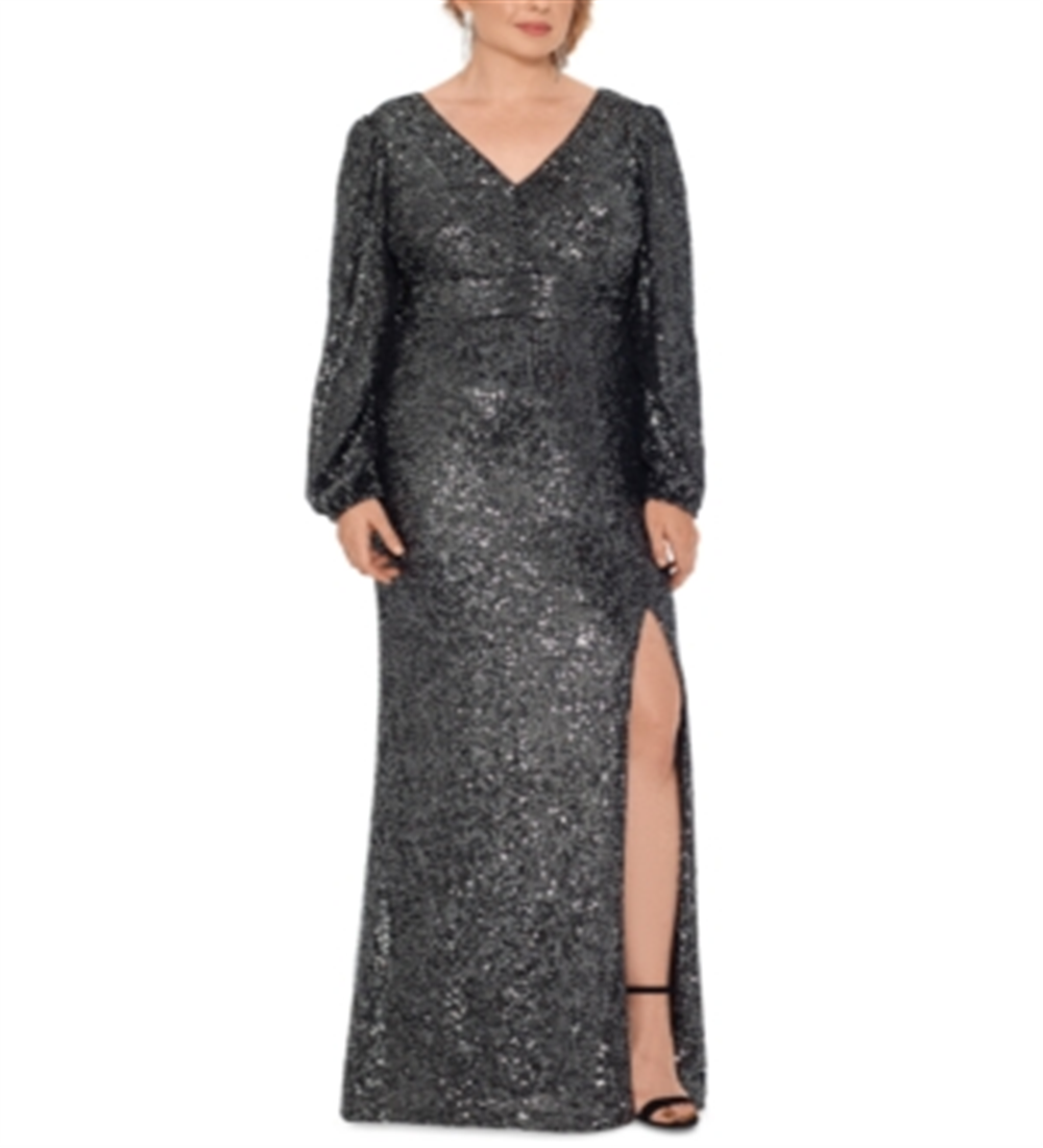 Vestido de festa longo com decote em V e manga comprida XSCAPE feminino, preto, tamanho 14W