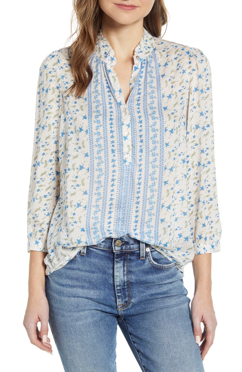 Blusa feminina Lucky Brand Megan com estampa mista, branca, tamanho médio