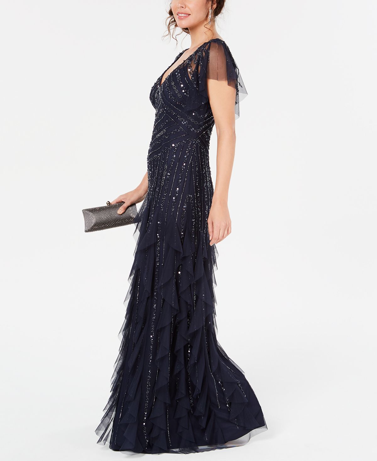 Vestido de festa longo e longo Adrianna Papell feminino, azul, tamanho 2, manga curta