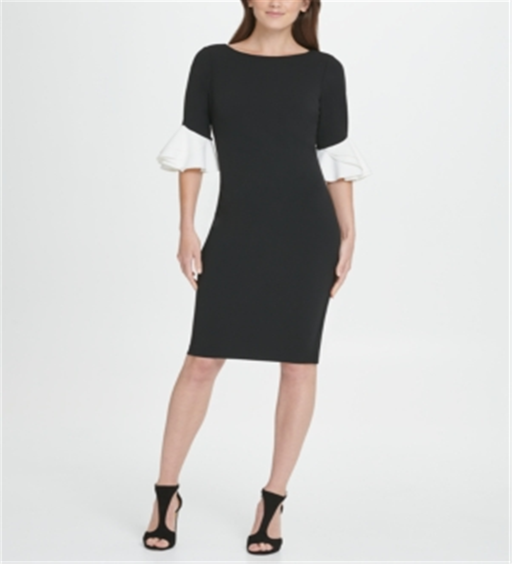 Vestido formal feminino DKNY com manga sino e decote joia abaixo do joelho, preto, tamanho 16