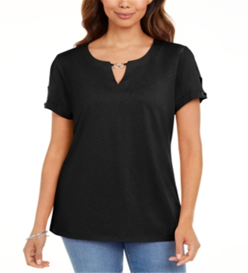 Camiseta feminina Karen Scott Keyhole preta tamanho P