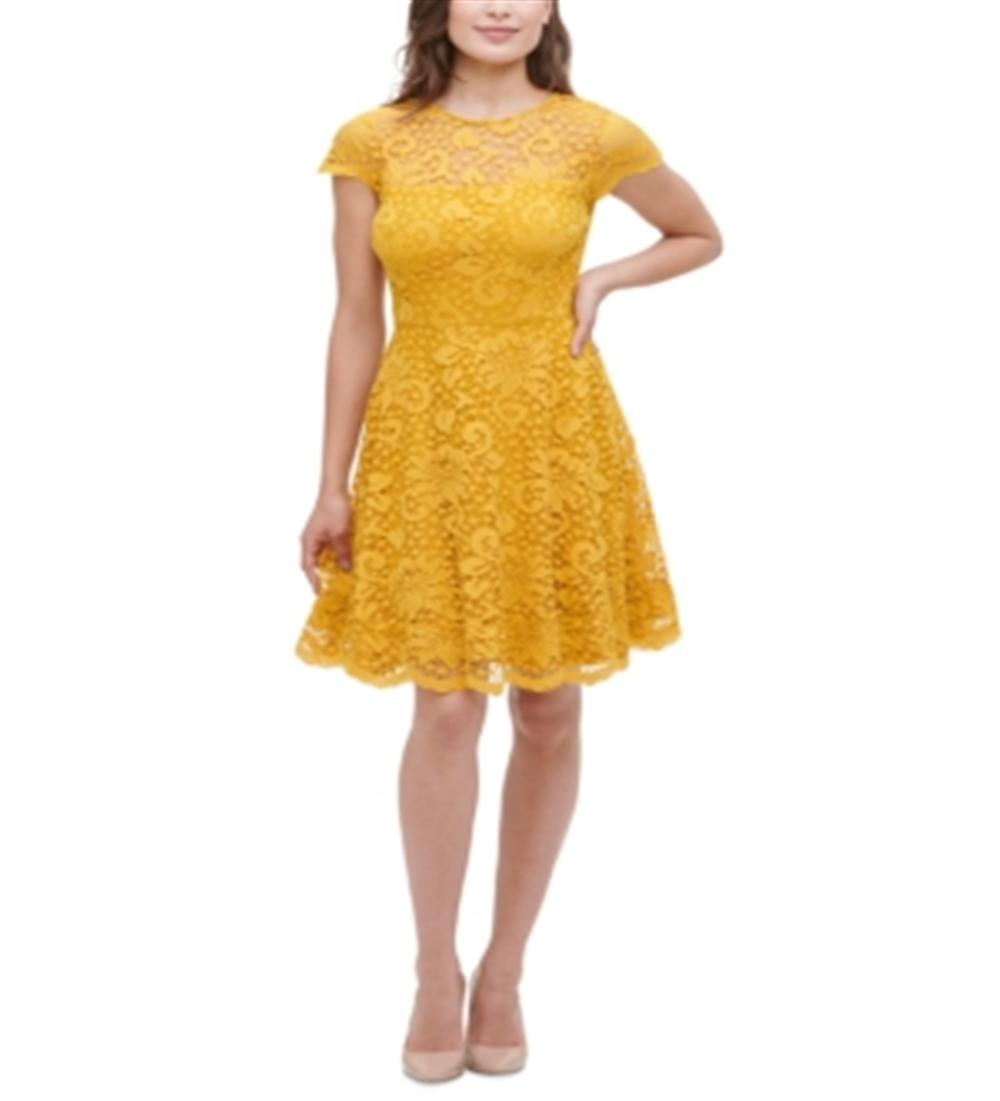 Vestido curto com decote ilusão e manga curta Kensie feminino, amarelo, tamanho 4