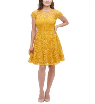 Kensie Women's Short Sleeve Illusion Neckline Short Sheath Dress Yellow Size 4
