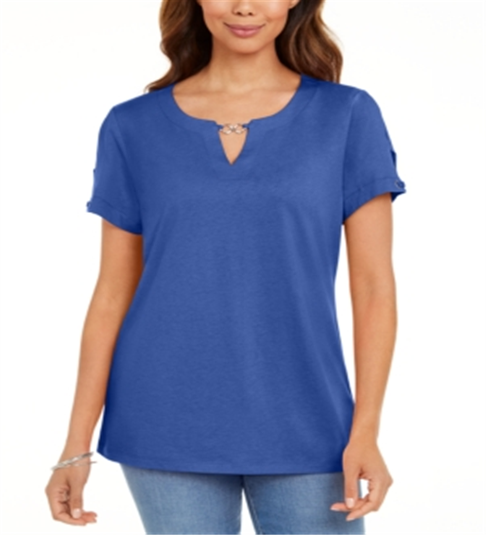 Camiseta feminina Karen Scott Keyhole azul tamanho pequeno