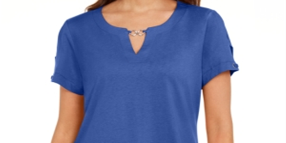 Camiseta feminina Karen Scott Keyhole azul tamanho pequeno