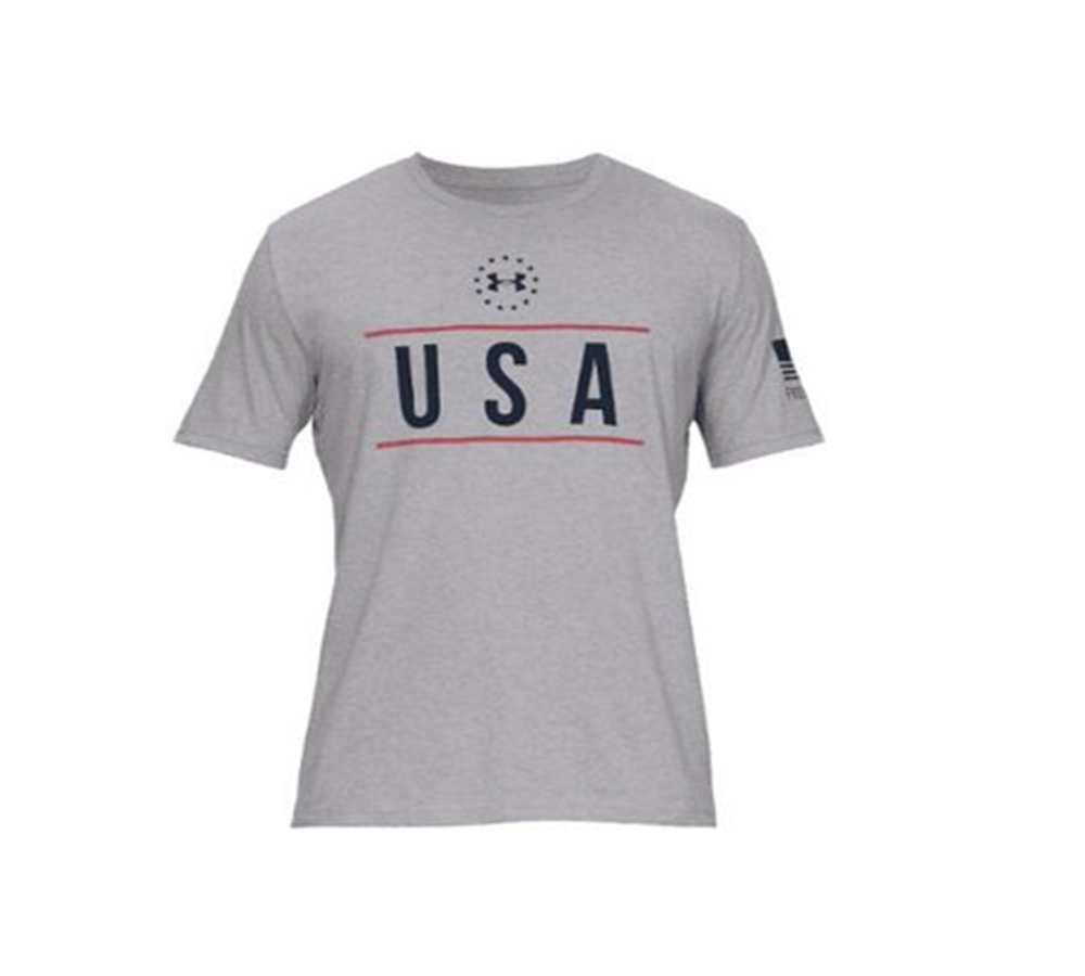 Camiseta masculina com estampa Freedom Logo da Under Armour, cinza, tamanho médio