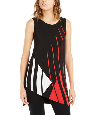 Blusa túnica feminina Alfani com estampa geométrica assimétrica, preta, tamanho pequeno