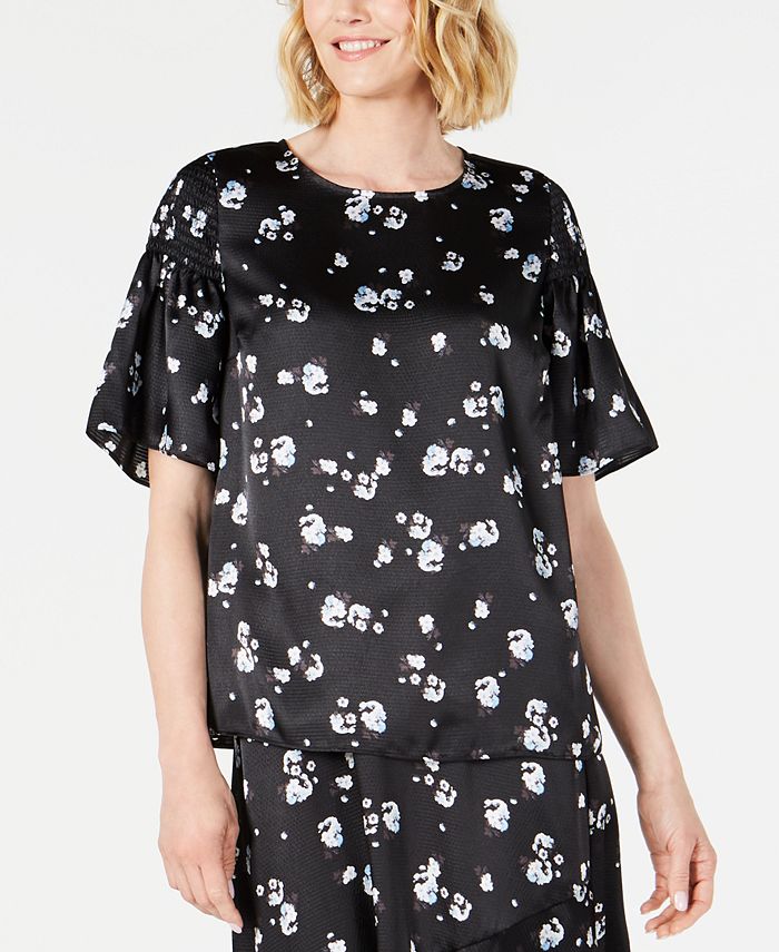 Blusa feminina Alfani com estampa floral e ombros franzidos em cetim, preta, tamanho XX-G