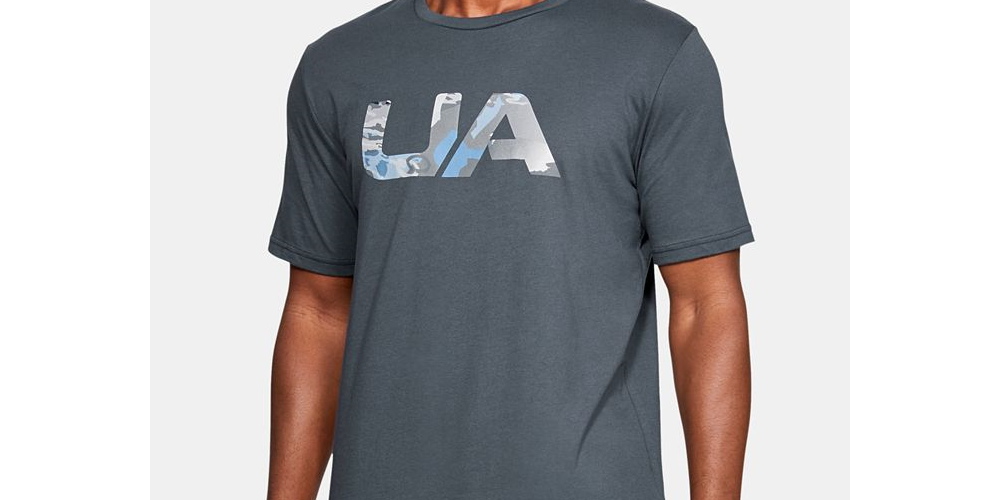 Camiseta de manga curta com gola redonda gráfica masculina Under Armour, cinza, tamanho pequeno