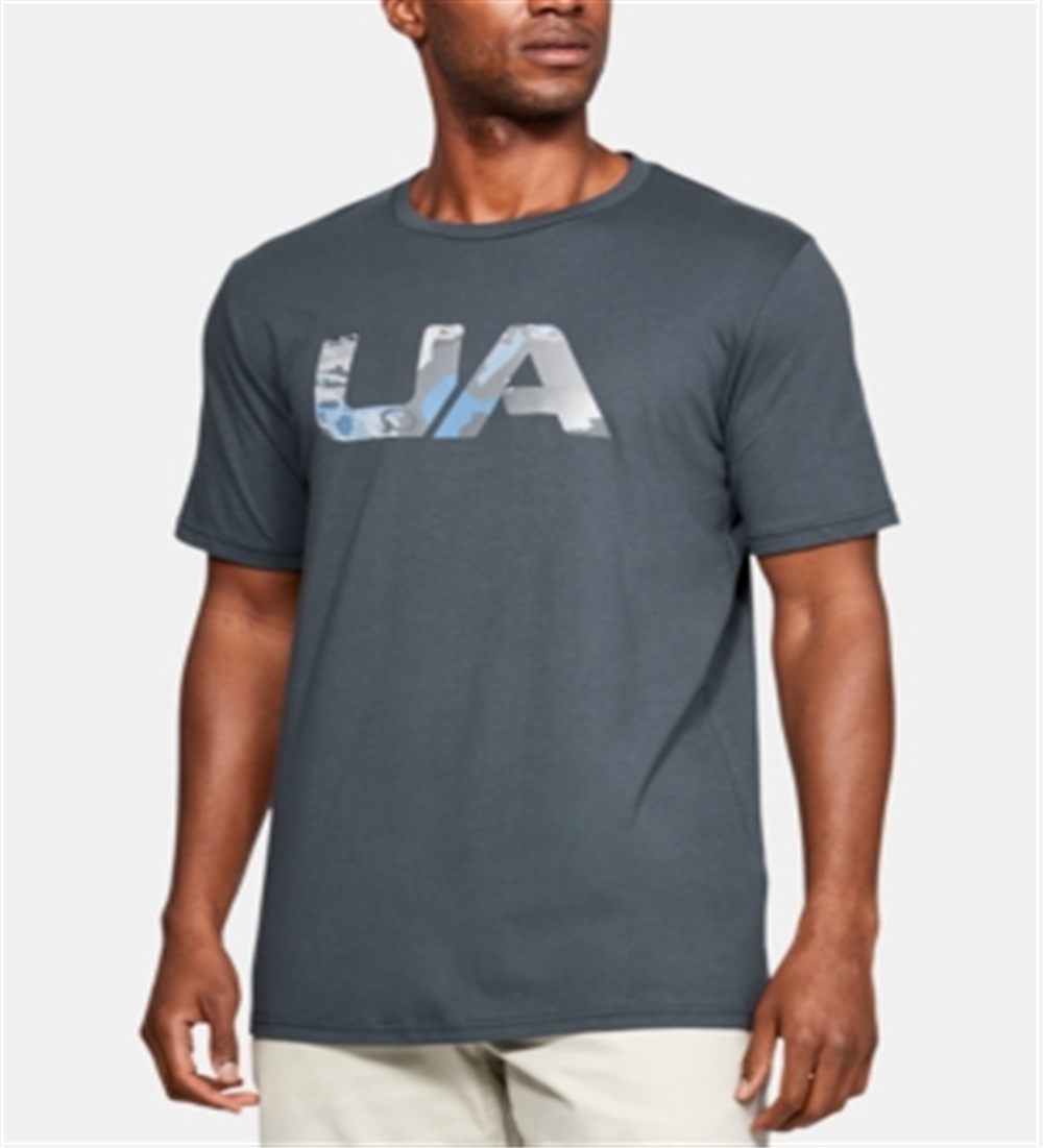 Camiseta de manga curta com gola redonda gráfica masculina Under Armour, cinza, tamanho pequeno