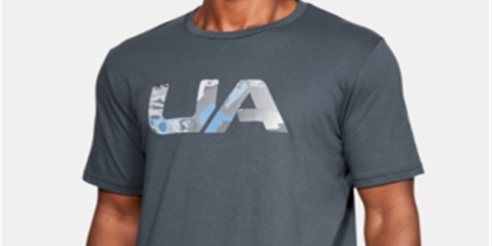 Camiseta de manga curta com gola redonda gráfica masculina Under Armour, cinza, tamanho pequeno