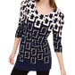 Blusa feminina Alfani estampada com manga 3/4 e decote redondo, tamanho pequeno, azul, tamanho extragrande