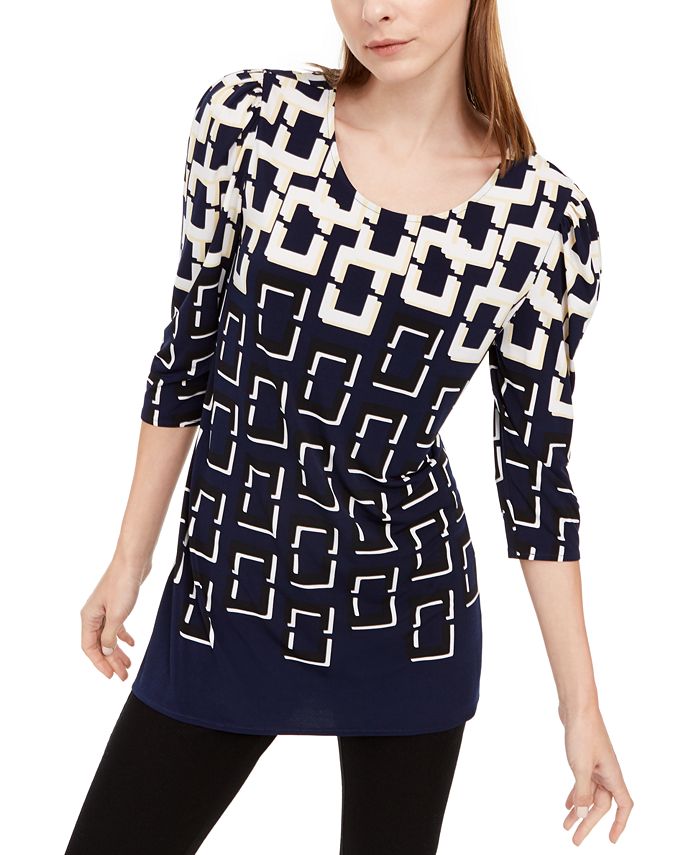 Blusa feminina Alfani estampada com manga 3/4 e decote redondo, tamanho pequeno, azul, tamanho extragrande
