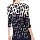 Blusa feminina Alfani estampada com manga 3/4 e decote redondo, tamanho pequeno, azul, tamanho extragrande