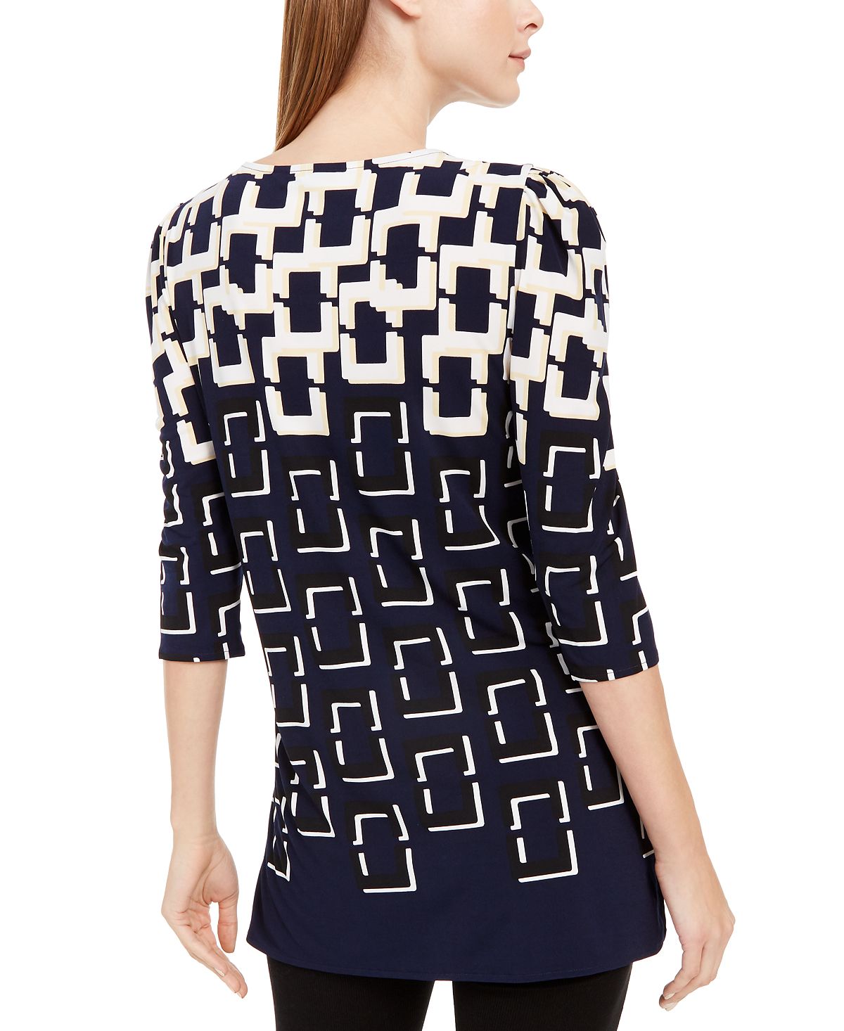 Blusa feminina Alfani estampada com manga 3/4 e decote redondo, tamanho pequeno, azul, tamanho extragrande