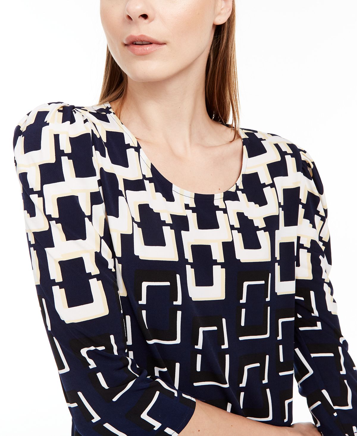 Blusa feminina Alfani estampada com manga 3/4 e decote redondo, tamanho pequeno, azul, tamanho extragrande