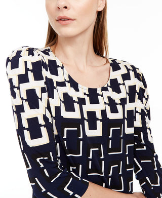 Blusa feminina Alfani estampada com manga 3/4 e decote redondo, tamanho pequeno, azul, tamanho extragrande