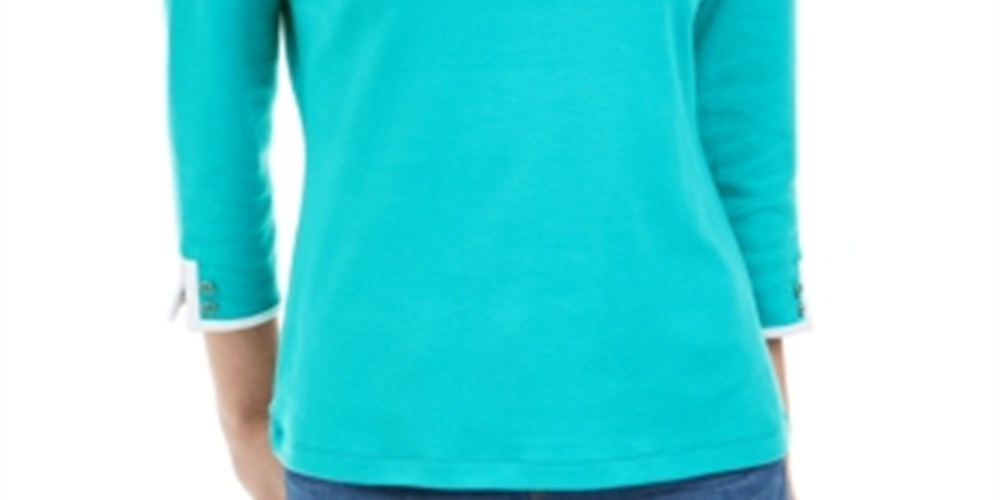 Blusa de algodão com acabamento contrastante Karen Scott feminina, azul, tamanho pequeno