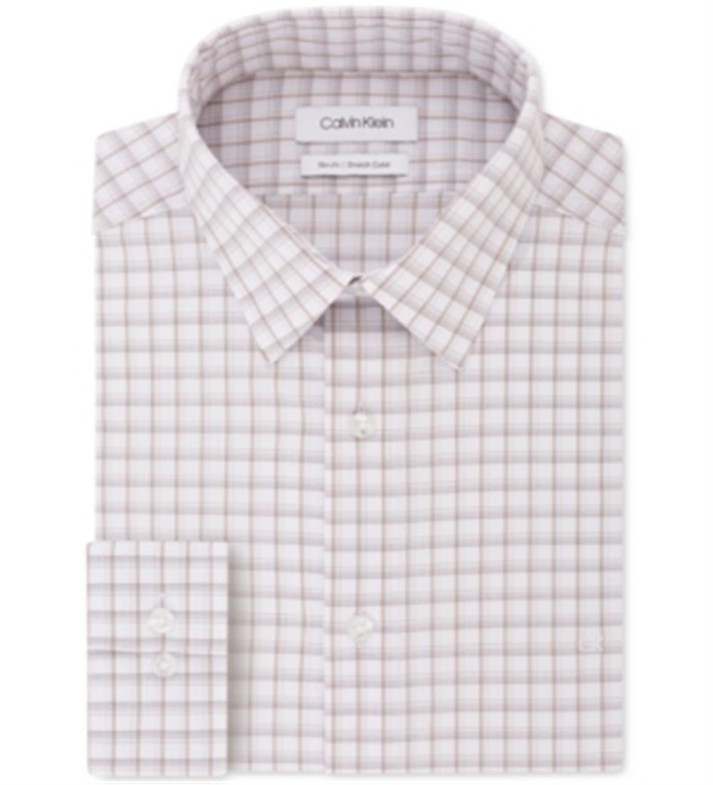 Camisa social masculina Calvin Klein Slim Fit com gola elástica e xadrez bege, tamanho 16x34-35