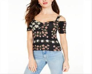 Guess Women's Ruched Front Open Shoulder Jada Crop Top Black Size Medium