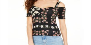 Guess Women's Ruched Front Open Shoulder Jada Crop Top Black Size Medium