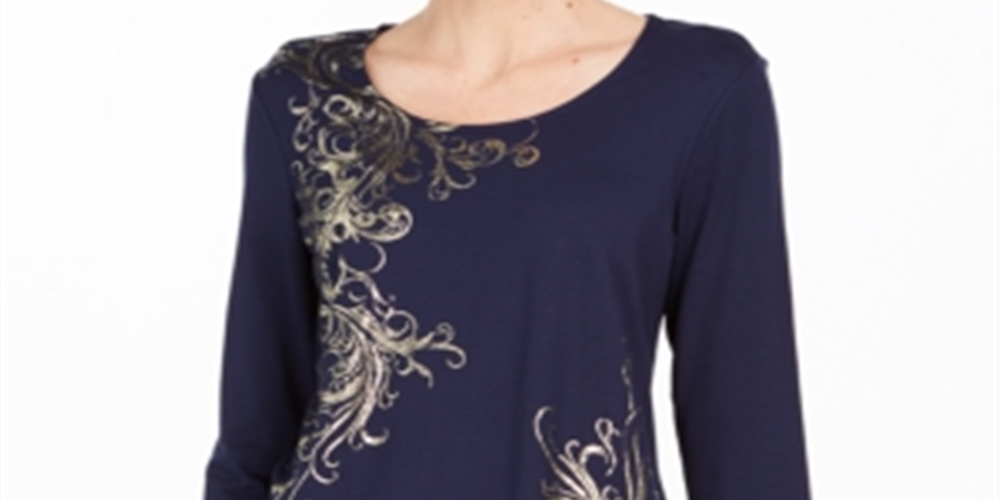 JM Collection Blusa feminina estampada com decote redondo, azul, tamanho pequeno e pequeno