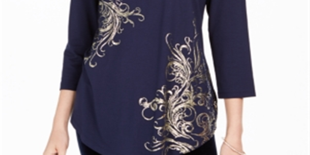 JM Collection Blusa feminina estampada com decote redondo, azul, tamanho pequeno e pequeno