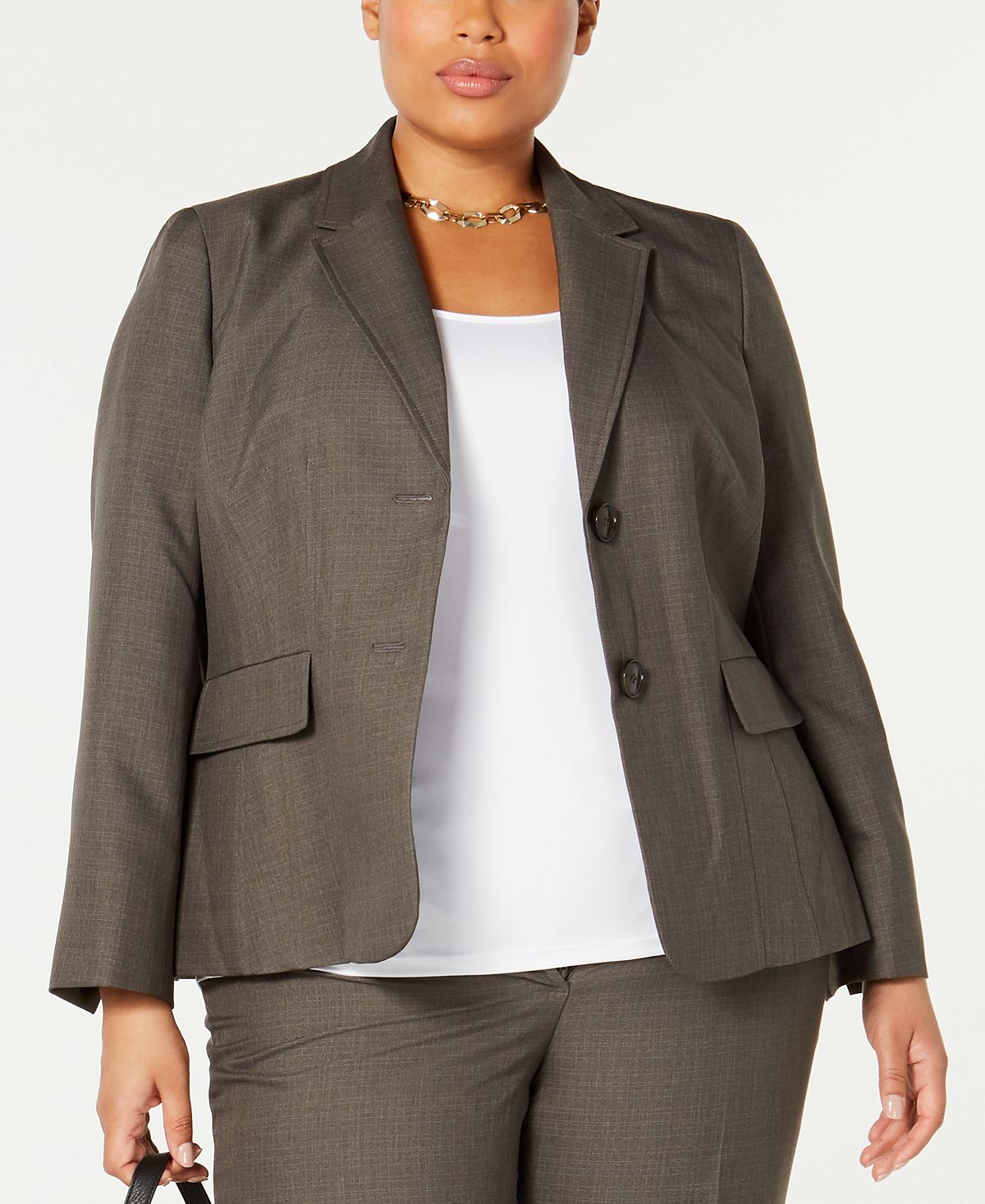 Le Suit Feminino Plus Size 16W com Gola Redonda e 2 Botões Cinza