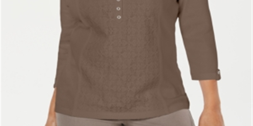 Karen Scott Top Henley Feminino de Algodão com Ilhós Frontais Marrom Tamanho Pequeno