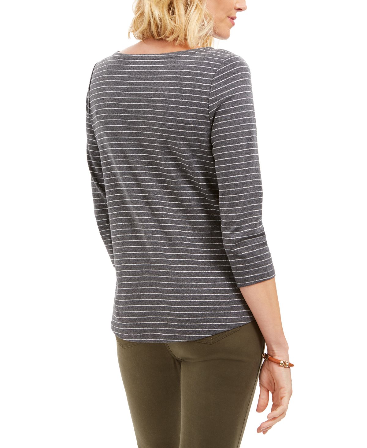 Charter Club Blusa feminina listrada de manga comprida com decote canoa, cinza, tamanho XX-G