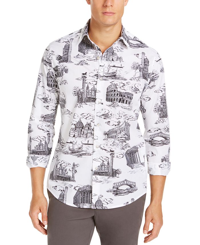 Camisa casual masculina Tasso Elba estampada de manga comprida, caimento clássico, branca, tamanho grande