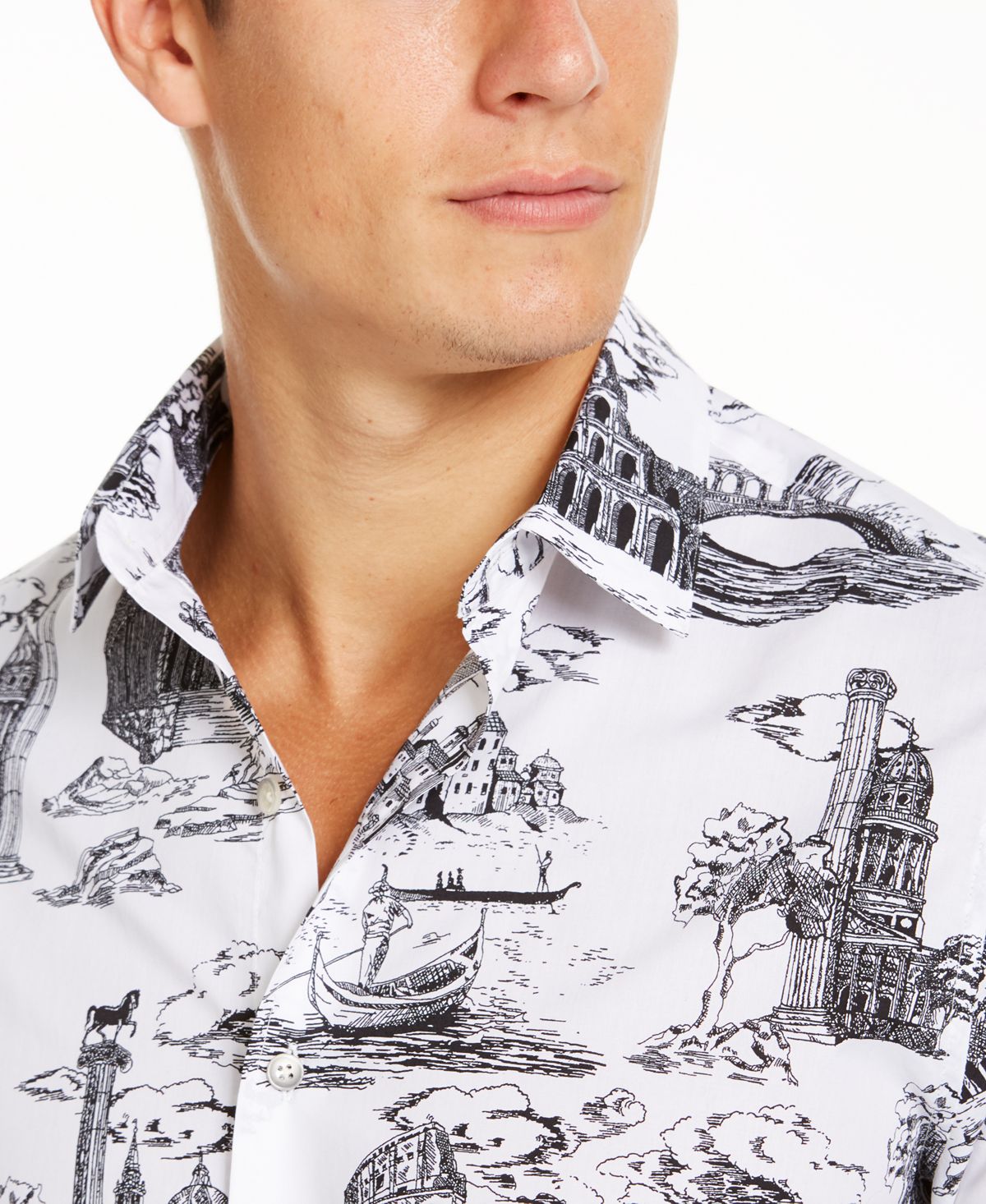 Camisa casual masculina Tasso Elba estampada de manga comprida, caimento clássico, branca, tamanho grande