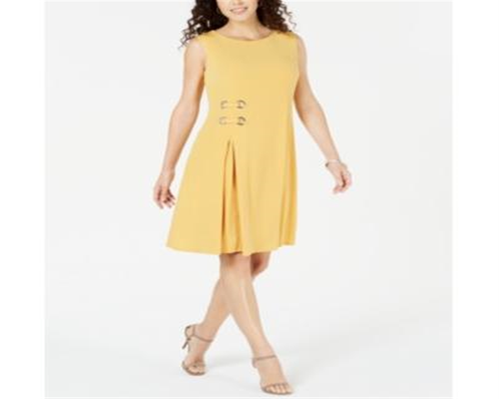 Vestido feminino com ilhós e cintura alta, tamanho pequeno, amarelo, JM Collection