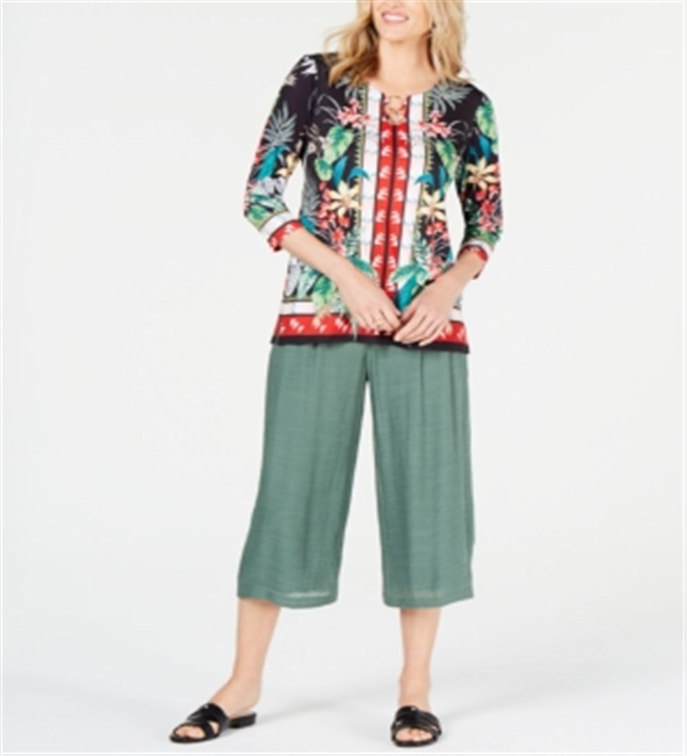 Túnica estampada com acabamento em anel feminina JM Collection, tamanho pequeno, verde