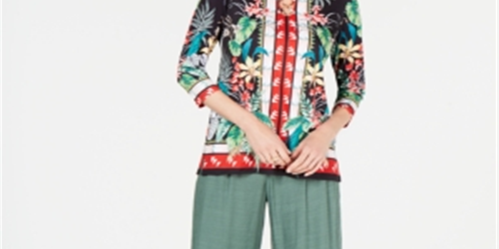 Túnica estampada com acabamento em anel feminina JM Collection, tamanho pequeno, verde