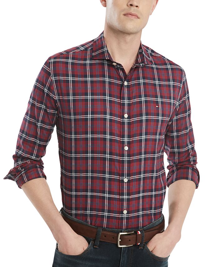 Camisa xadrez masculina Tommy Hilfiger de algodão com botões, roxa, tamanho P
