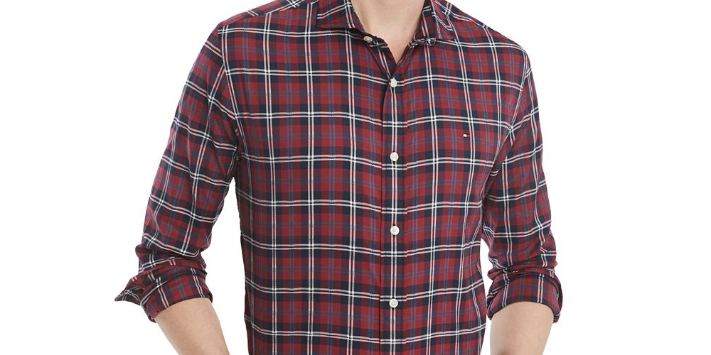 Camisa xadrez masculina Tommy Hilfiger de algodão com botões, roxa, tamanho P
