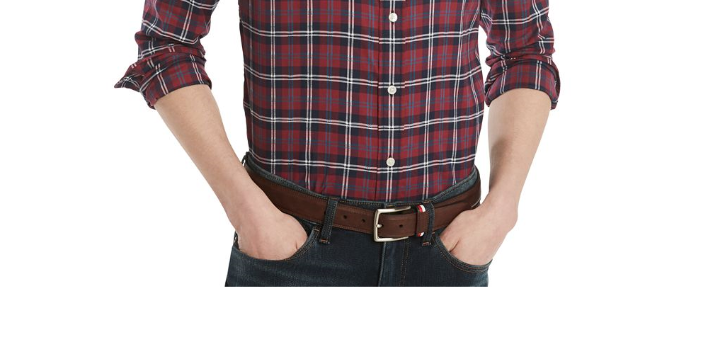 Camisa xadrez masculina Tommy Hilfiger de algodão com botões, roxa, tamanho P