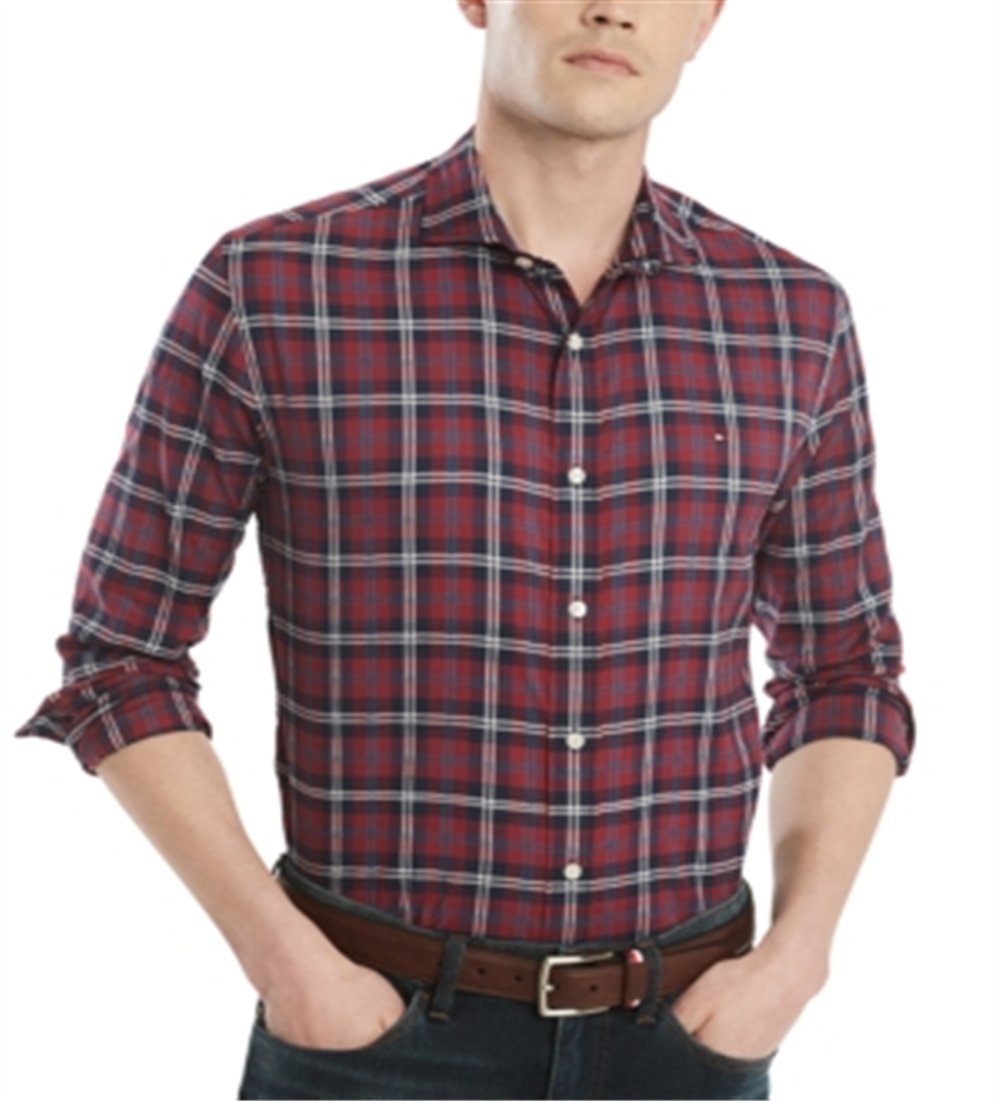 Camisa xadrez masculina Tommy Hilfiger de algodão com botões, roxa, tamanho P